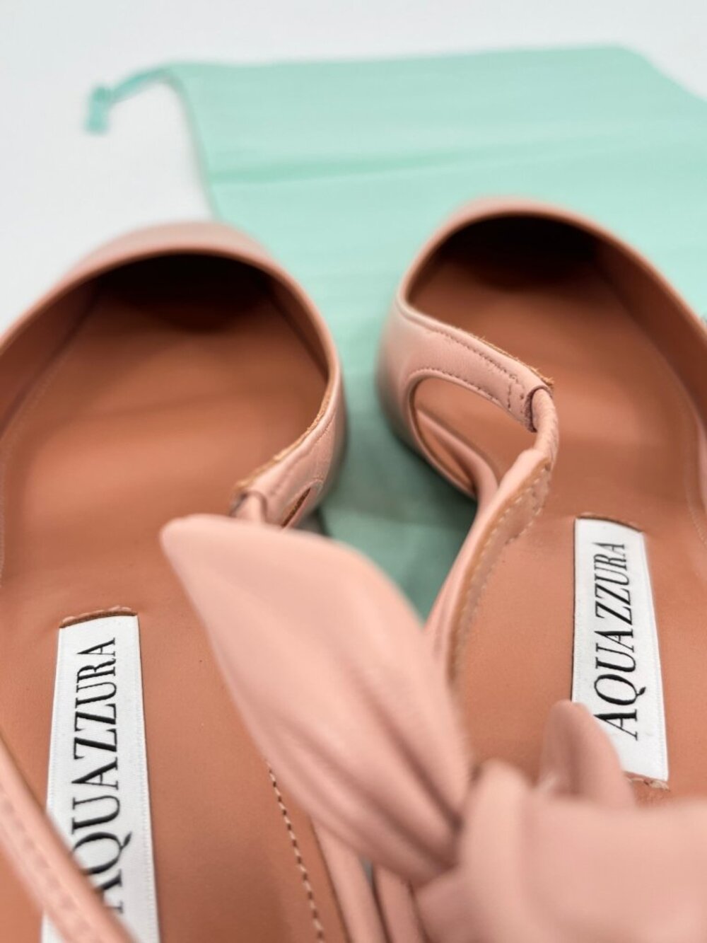 Aquazzura Very Bow Tie Sling Heels Pink Size 37.5 Leather Slip On Block Heel SB - Picture 13 of 14